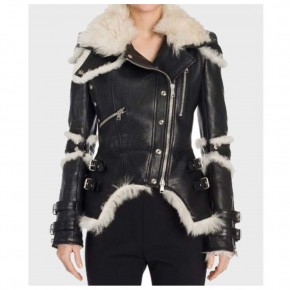 Women Sheepskin Black Shearling Leather Biker Jacket